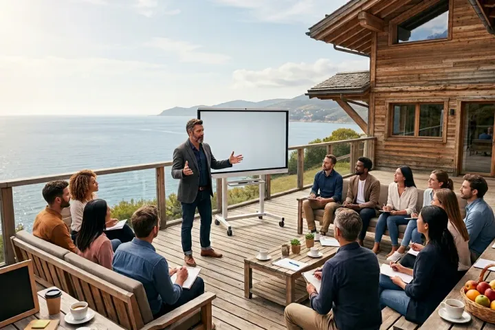 A trainer addressing a seated group on an open-air terrace above the sea
