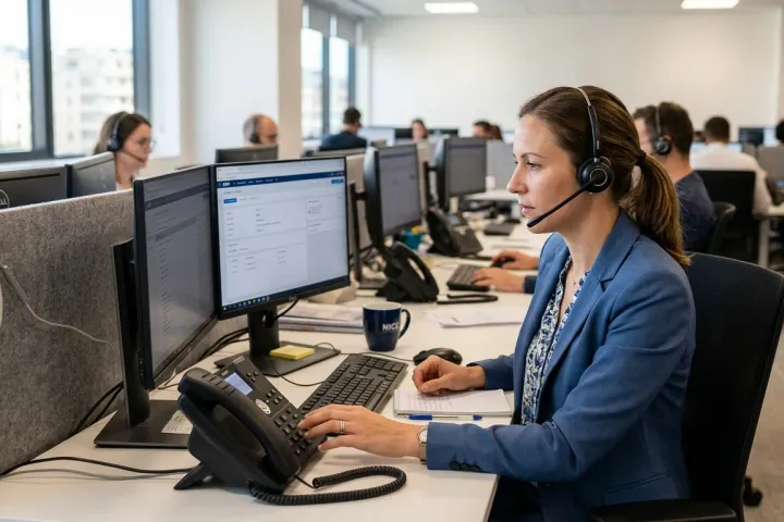A saleswoman on a headset in front of her screens, in an open-plan floor