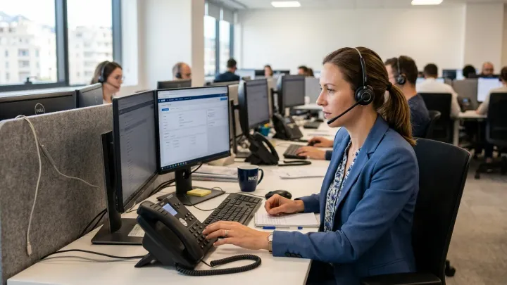 A saleswoman on a headset in front of her screens, in an open-plan floor