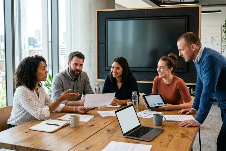 A team talking around a meeting table, papers and a tablet in hand