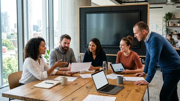 A team talking around a meeting table, papers and a tablet in hand