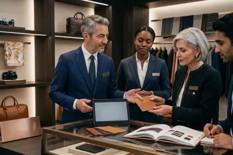 Four sales advisers in suits examine leather samples together at a boutique counter