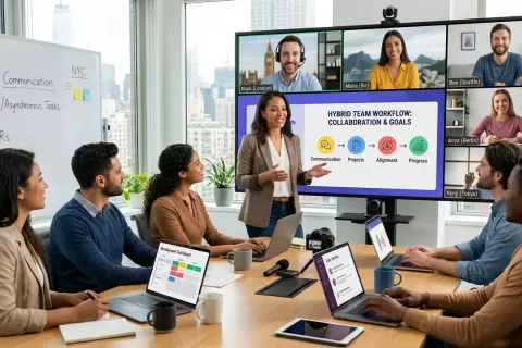 A manager presents a hybrid-team workflow on a large screen, with remote colleagues on a video call and team members at laptops around the table