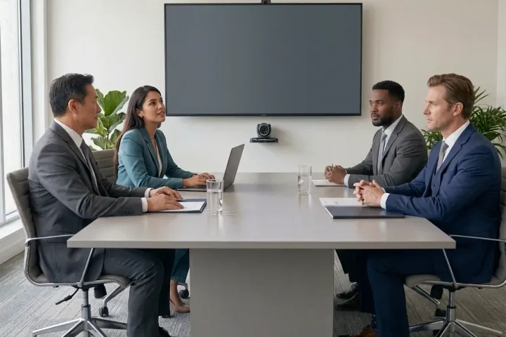 Four managers in a meeting around a light table, a video-conference screen on the wall
