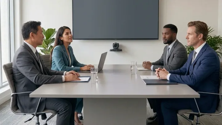 Four managers in a meeting around a light table, a video-conference screen on the wall