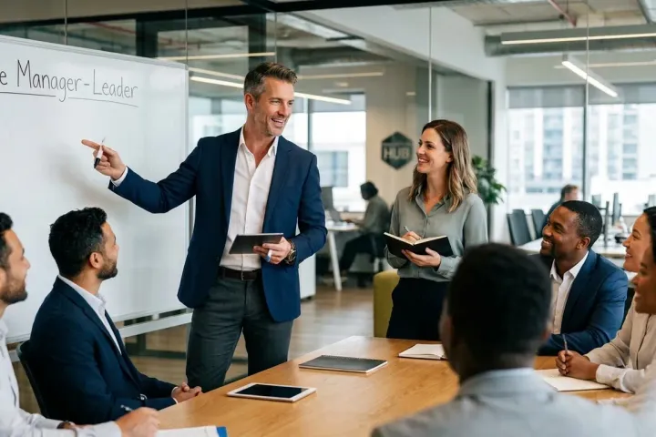 A manager at a whiteboard headed 'The Manager-Leader' speaks to a team seated around a meeting table