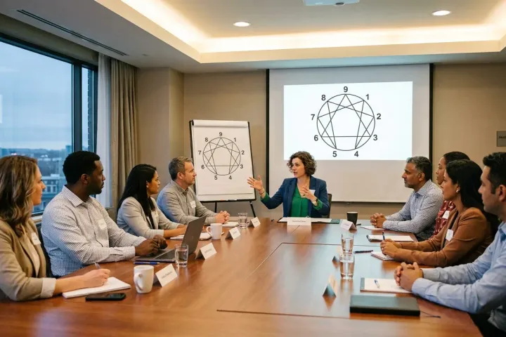 A trainer explains the Enneagram diagram, shown on a screen and a flip chart, to managers seated around a meeting table