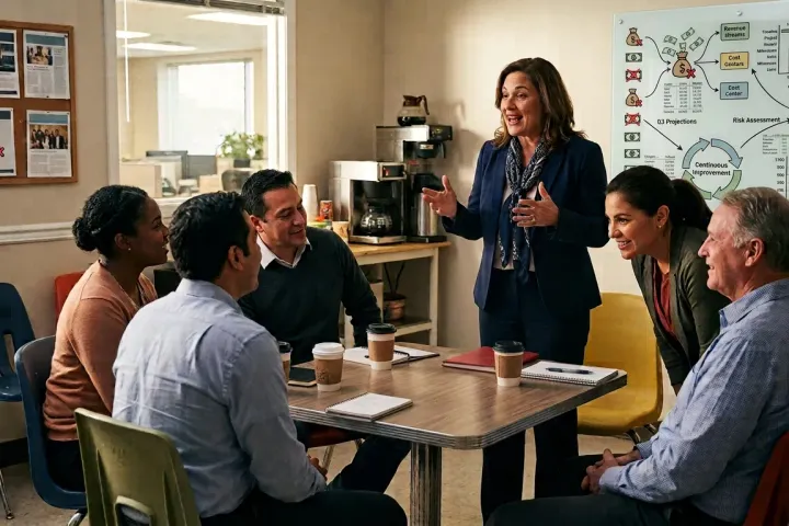 A manager talks with smiling team members around a table in a break room, a whiteboard of charts on the wall