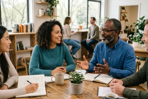 Four colleagues talking and smiling around a wooden table with notebooks and mugs, in a bright room full of plants