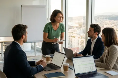 A woman standing with a notepad listens to three colleagues seated at laptops, in a meeting room with a view over the city