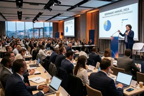 A speaker on stage addresses a large seminar audience seated at rows of tables with laptops