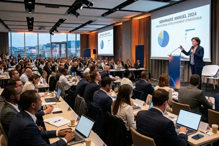 A speaker on stage addresses a large seminar audience seated at rows of tables with laptops
