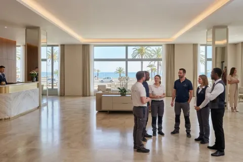 Hotel staff in uniform gather for a short standing meeting in a bright lobby with a sea view
