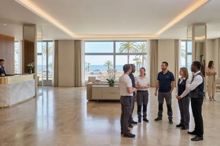 Hotel staff in uniform gather for a short standing meeting in a bright lobby with a sea view